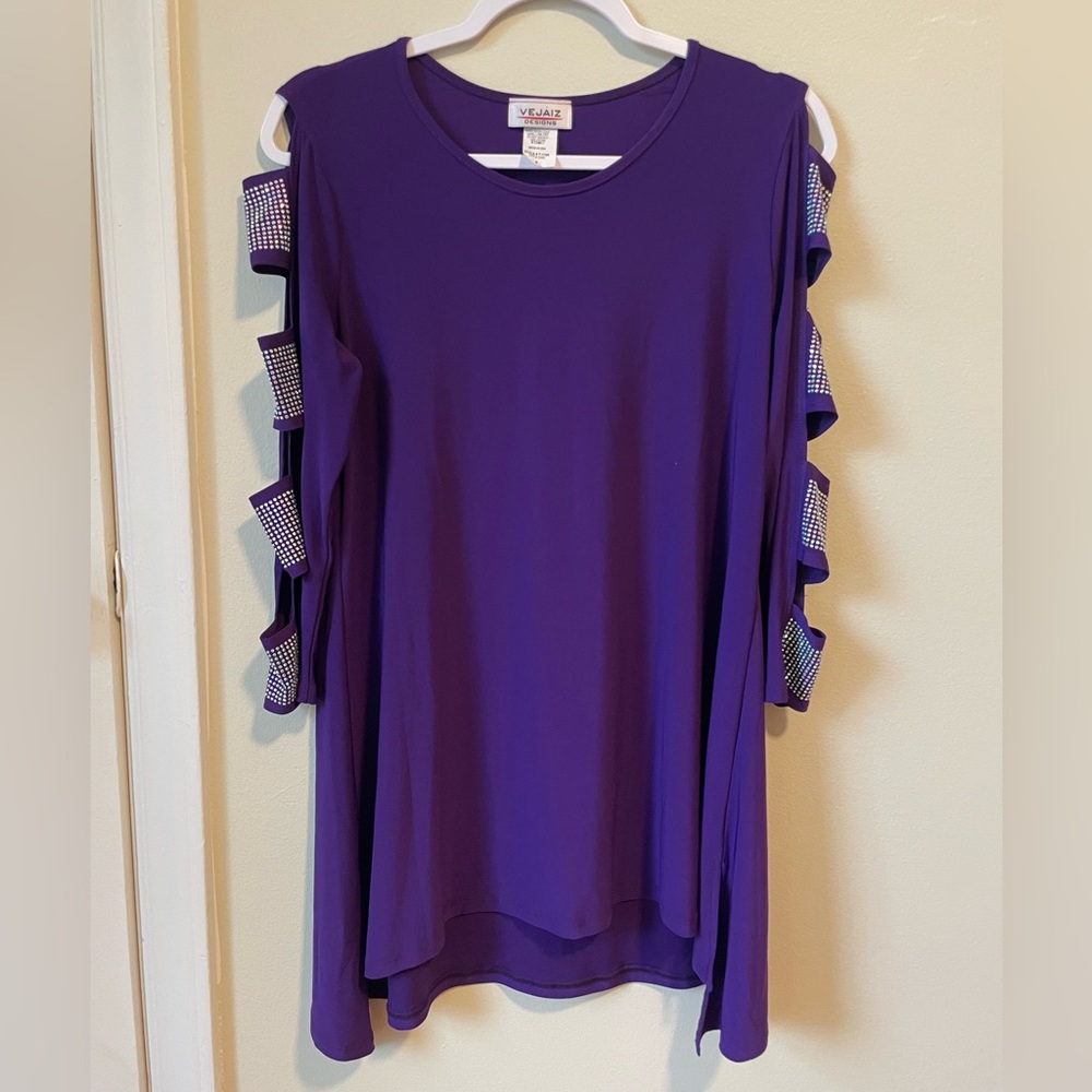 Vejaiz Designs Cold Shoulder Rhinestone Purple Tunic Blouse